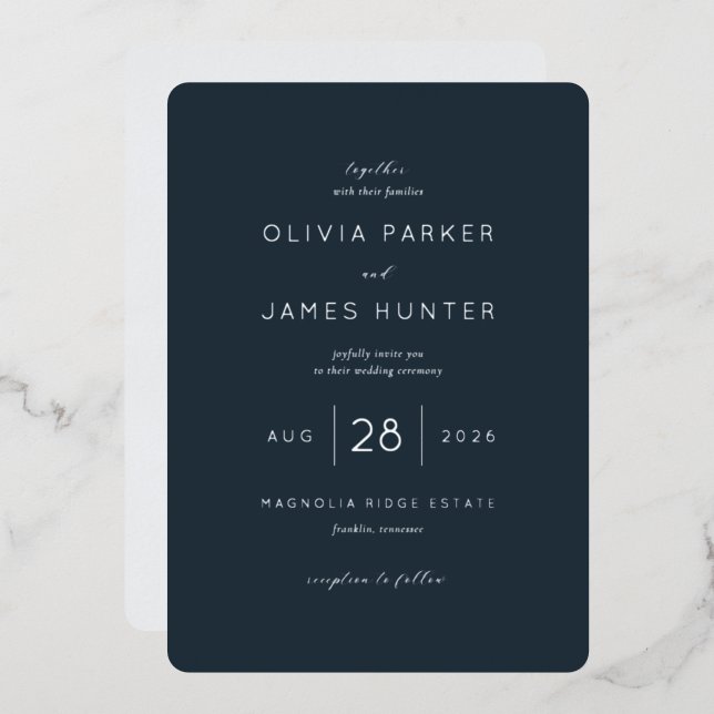 Elegant Navy Minimalist Wedding Invitation Foil Invitation (Front/Back)