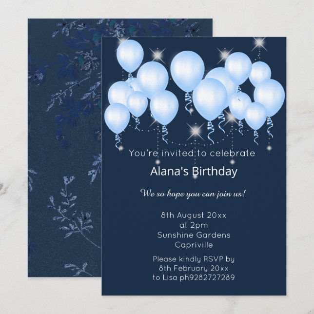 ELEGANT NAVY MODERN BALLOON BIRTHDAY  INVITATION (Front/Back)