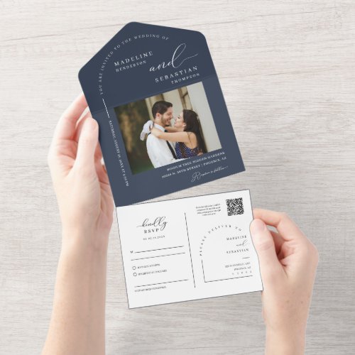 Elegant Navy Modern Minimal Arch QR Code Photo All In One Invitation