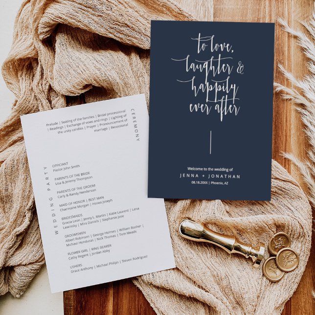 Elegant Navy Modern Minimal Calligraphy Wedding Program (Creator Uploaded)