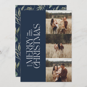 Elegant navy modern minimal multi photo botanical holiday card
