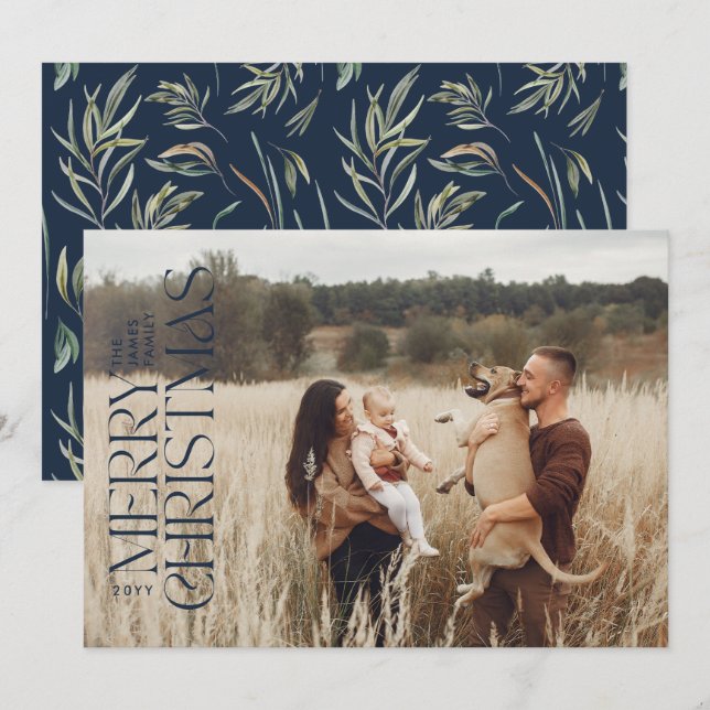 Elegant navy modern minimal natural botanical holiday card (Front/Back)