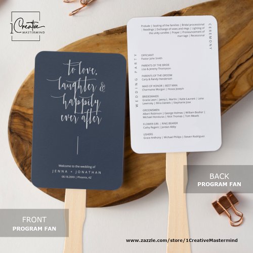 Elegant Navy Modern Minimal Script Wedding Program Hand Fan