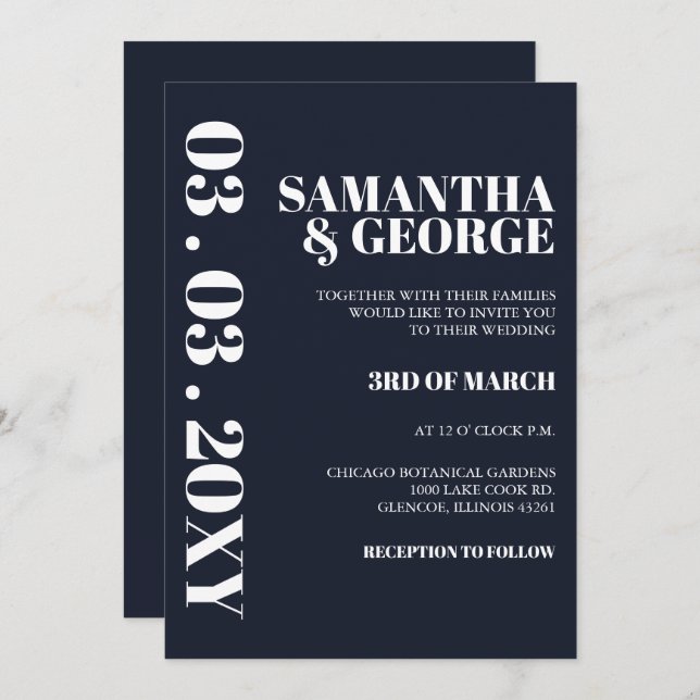 Elegant Navy Modern Wedding  Invitation (Front/Back)
