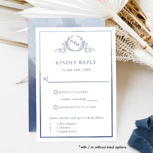 Elegant Navy Monogram and Watercolor Wedding RSVP Card