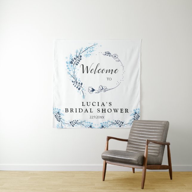 Elegant Navy Monogram Floral Bridal Shower Welcome Tapestry (In Situ)