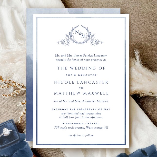 Elegant Navy Monogram Formal Watercolor Wedding Invitation (Creator Uploaded)