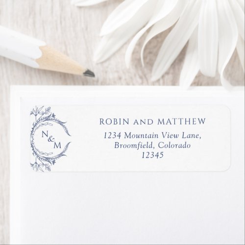 Elegant Navy Monogram Wedding Return Address Label