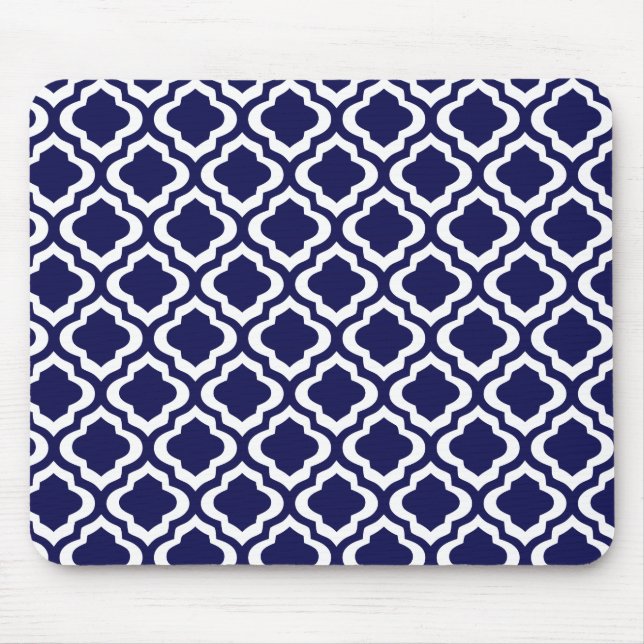 Elegant Navy Moroccan Trellis Quatrefoil Clover Mouse Pad (Front)