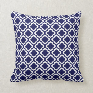 Elegant Navy Moroccan Trellis Quatrefoil Clover Throw Pillow