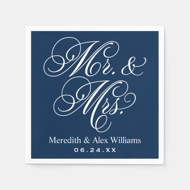 Elegant Navy Mr and Mrs Script Custom Monogram Napkins (Front)