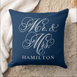 Elegant Navy Mr and Mrs Script Custom Monogram Throw Pillow<br><div class="desc">Elegant square accent pillow for happy couples and newlyweds features a white script Mr. and Mrs. design with custom monogram text that can be personalized with the married last name. The navy blue background color can be customized to coordinate with your home or bedroom decor colors.</div>