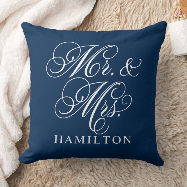 Elegant Navy Mr and Mrs Script Custom Monogram Throw Pillow (Blanket)