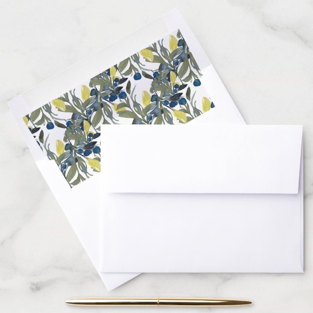 Elegant Navy & Mustard Watercolor Floral Wedding Envelope Liner (Desk)