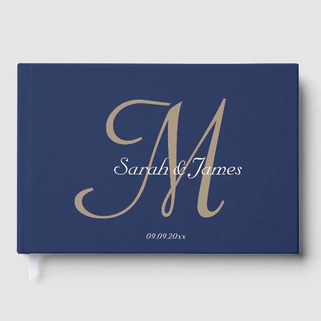 Elegant Navy Name Monogram Script Wedding Party Foil Guest Book (Front)