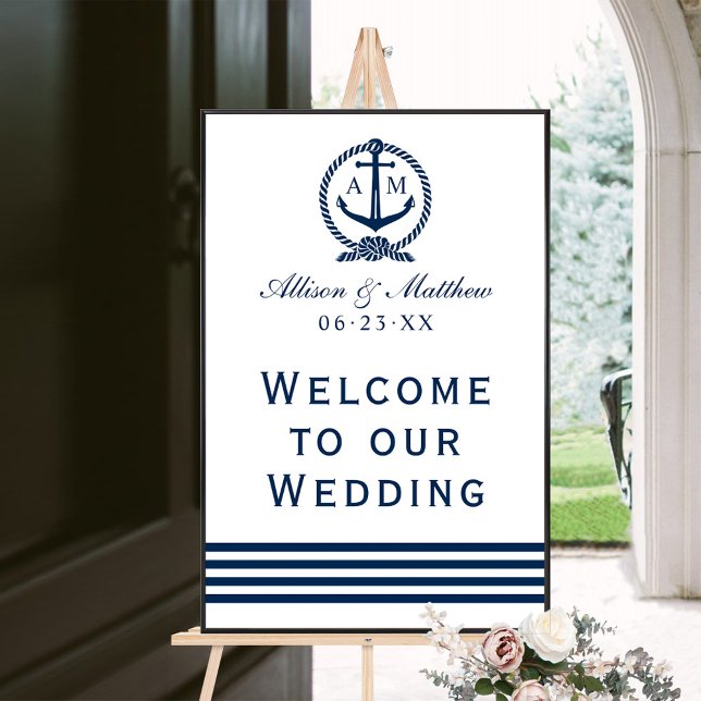 Elegant Navy Nautical Wedding Monogram Welcome Poster (Creator Uploaded)
