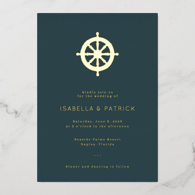 Elegant Navy Nautical Wheel Foil Invitation (Front)