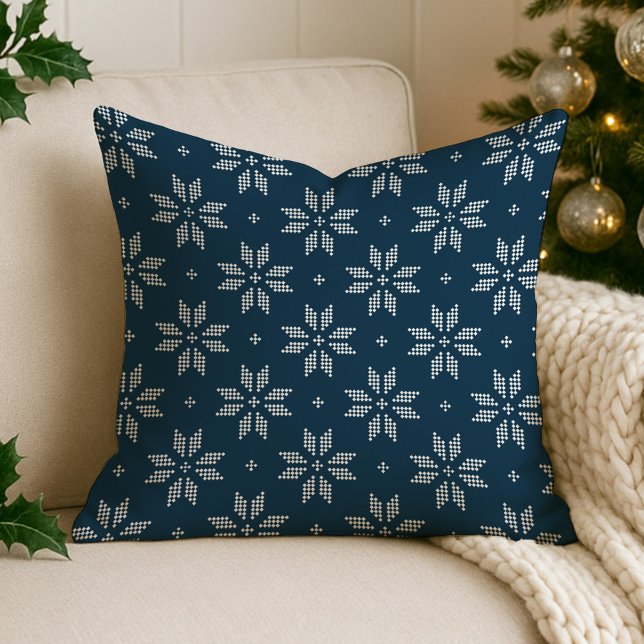 Elegant Navy Nordic Snowflake Holiday Throw Pillow (Creator Uploaded)