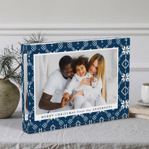 Elegant Navy Nordic Snowflake Pattern Christmas Photo Block