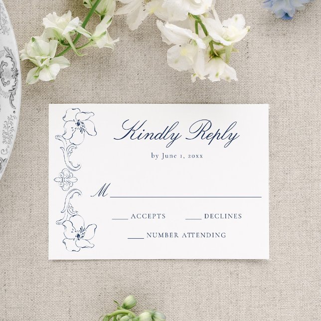 Elegant Navy Ornate Floral Frame Wedding RSVP Card (Creator Uploaded)