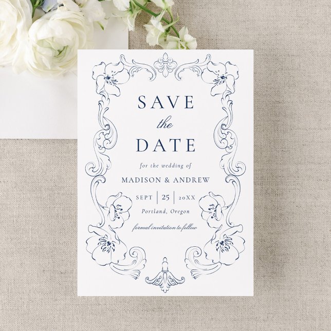 Elegant Navy Ornate Floral Frame Wedding Save The Date (Creator Uploaded)