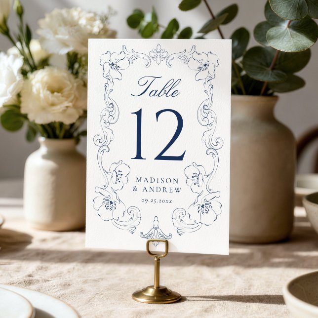 Elegant Navy Ornate Floral Frame Wedding Table Number (Creator Uploaded)