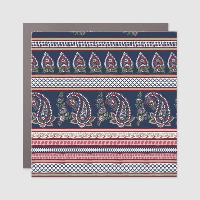 Elegant Navy Paisley: Timeless Border Design Car Magnet (Front)