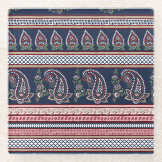 Elegant Navy Paisley: Timeless Border Design Glass Coaster