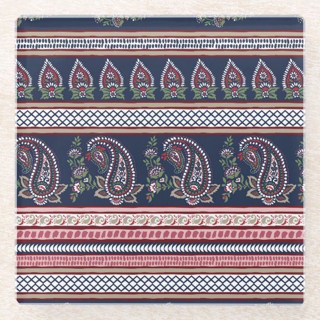 Elegant Navy Paisley: Timeless Border Design Glass Coaster (Front)