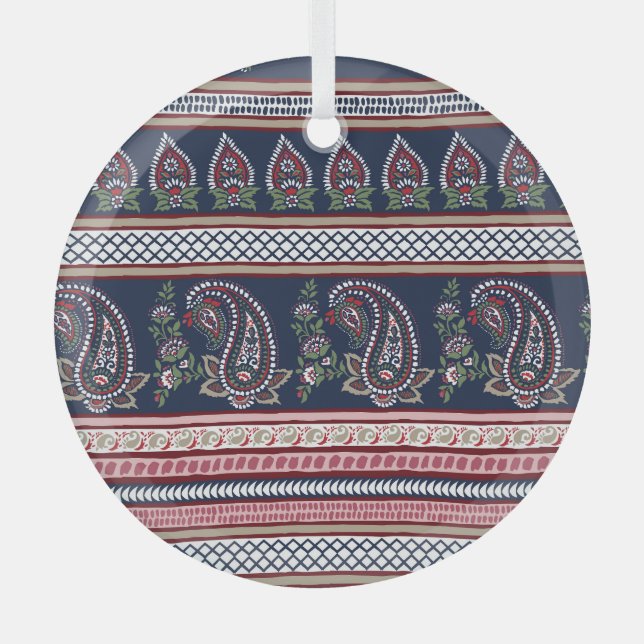 Elegant Navy Paisley: Timeless Border Design Glass Ornament (Front)