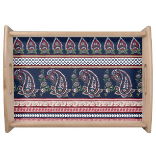 Elegant Navy Paisley: Timeless Border Design Serving Tray
