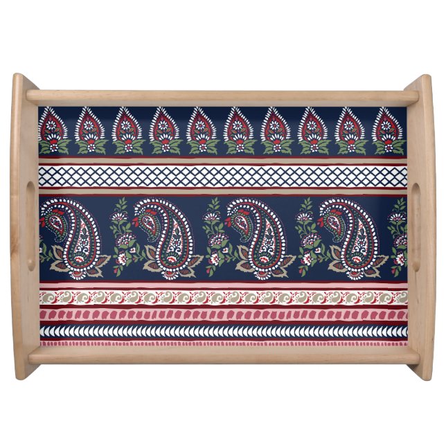 Elegant Navy Paisley: Timeless Border Design Serving Tray (Front)