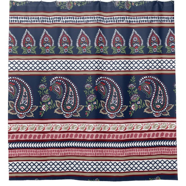 Elegant Navy Paisley: Timeless Border Design Shower Curtain (Front)