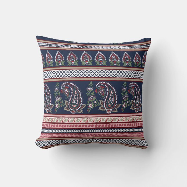 Elegant Navy Paisley: Timeless Border Design Throw Pillow (Front)