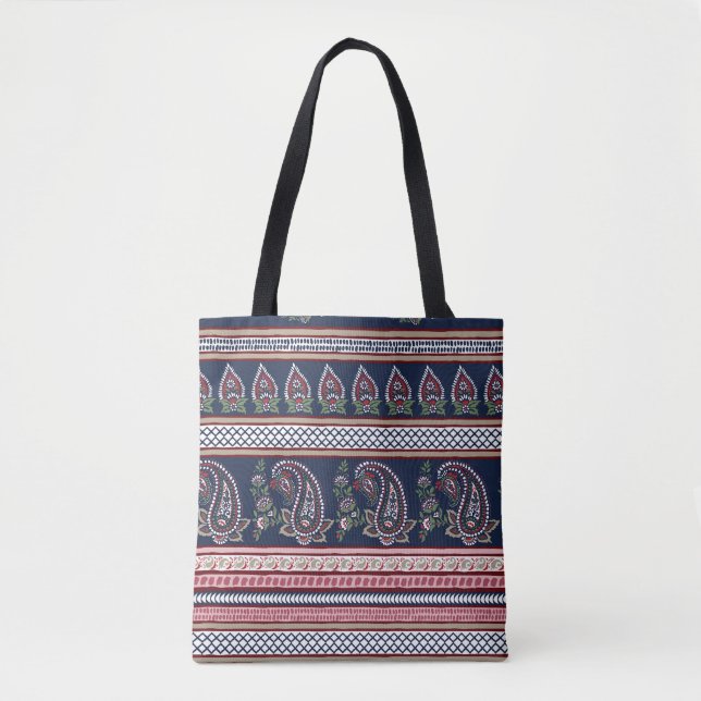 Elegant Navy Paisley: Timeless Border Design Tote Bag (Front)