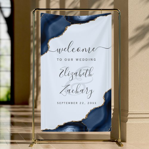 Elegant Navy Pale Blue Gold Agate Wedding Welcome Banner