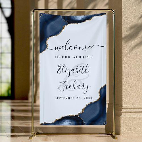 Elegant Navy Pale Blue Gold Agate Wedding Welcome Banner