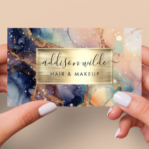 Elegant Navy Peach And Gold Watercolor Marble Business Card
