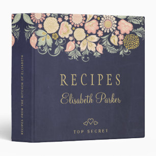 Elegant navy peach floral cookbook recipes 3 ring binder