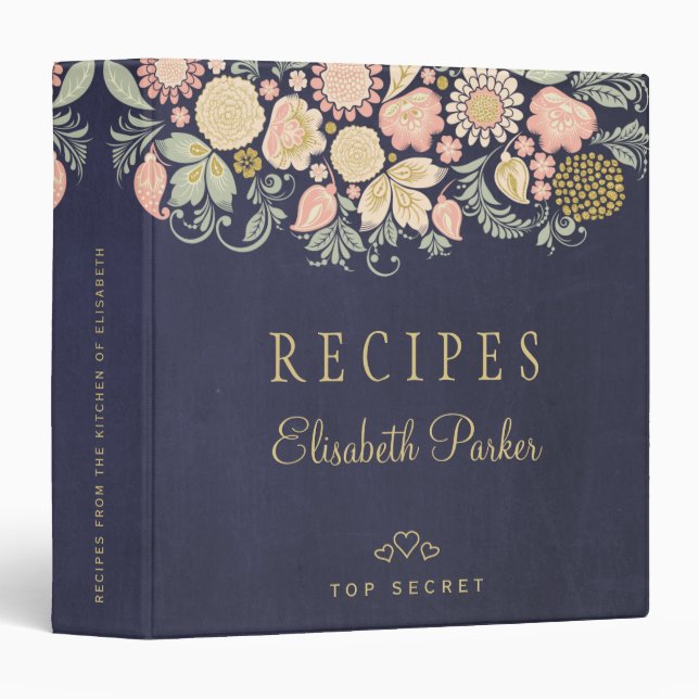 Elegant navy peach floral cookbook recipes 3 ring binder (Front/Spine)