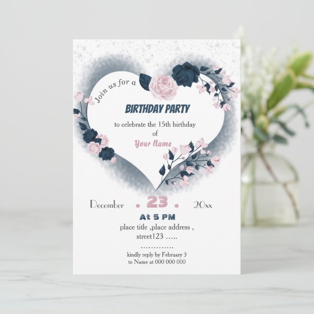 elegant navy & pink floral heart birthday invitation (Standing Front)