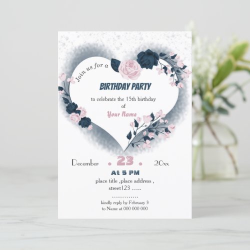 elegant navy  pink floral heart birthday invitation