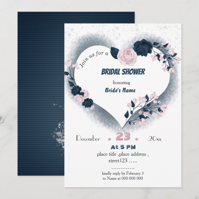 elegant navy & pink floral heart bridal shower invitation (Front/Back)
