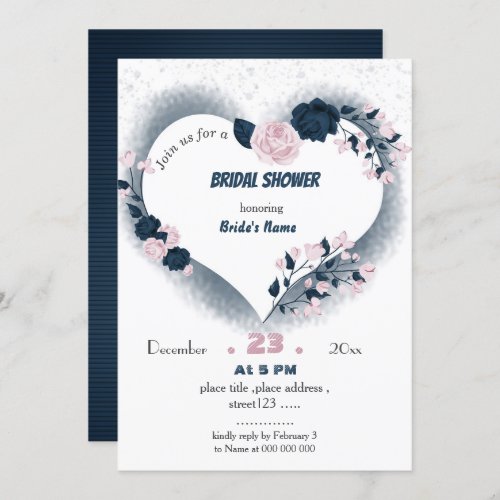 elegant navy  pink floral heart bridal shower invitation