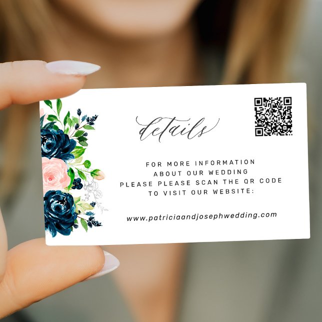 Elegant navy pink floral QR CODE wedding details Enclosure Card (Creator Uploaded)