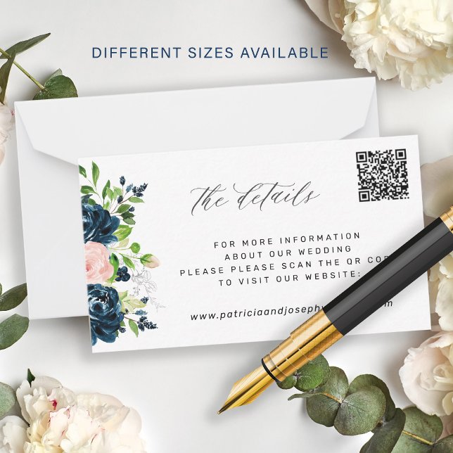 Elegant navy pink floral QR CODE wedding details Note Card (Creator Uploaded)