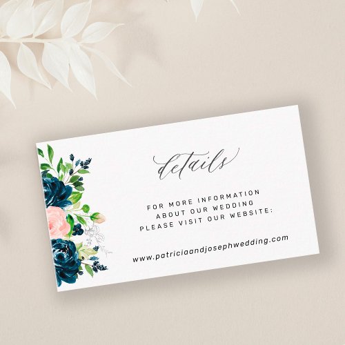 Elegant navy pink floral wedding details enclosure card