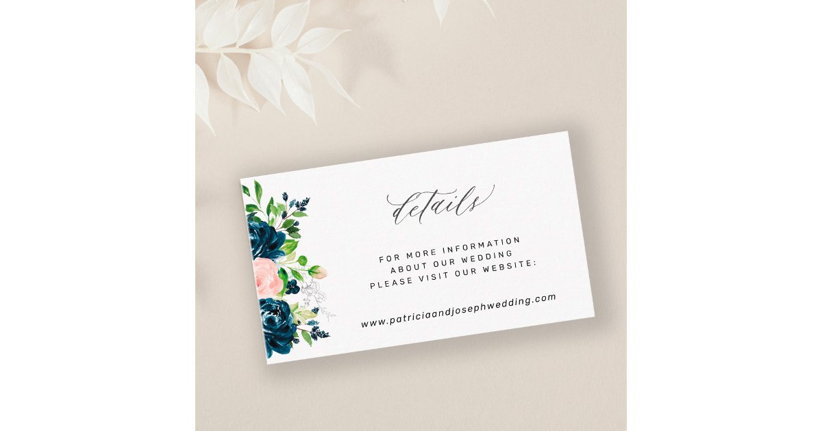 Elegant navy pink floral wedding details enclosure card | Zazzle