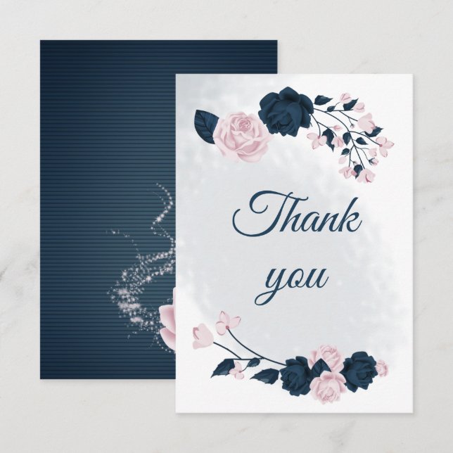 elegant navy & pink flowers botanical thank you card (Front/Back)