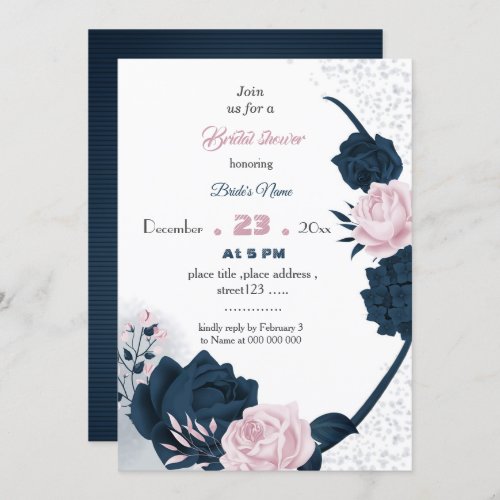 elegant navy  pink flowers bridal shower invitati invitation